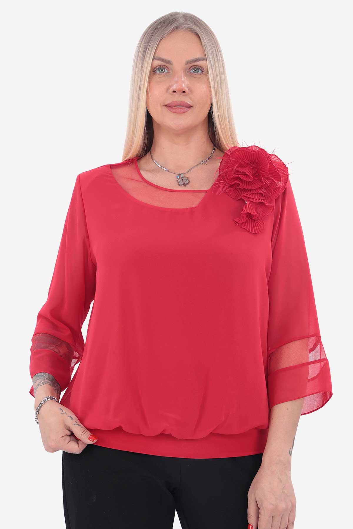 tül yaka & 3d Çiçek bluz